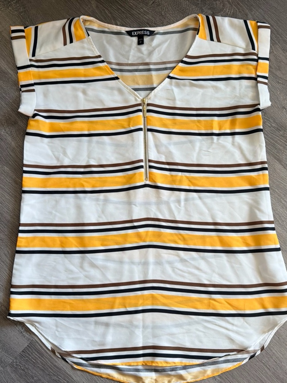 Express Striped Short-Sleeve Zip Top in White, Yellow, Black and Brown